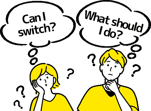 Illustration of a man and woman thinking about switching to Cashback99 and what to do