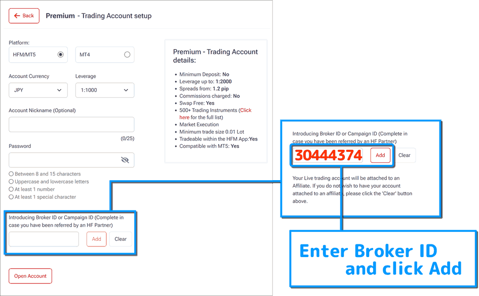Screenshot of HFMarkets Additional Account Opening Procedure