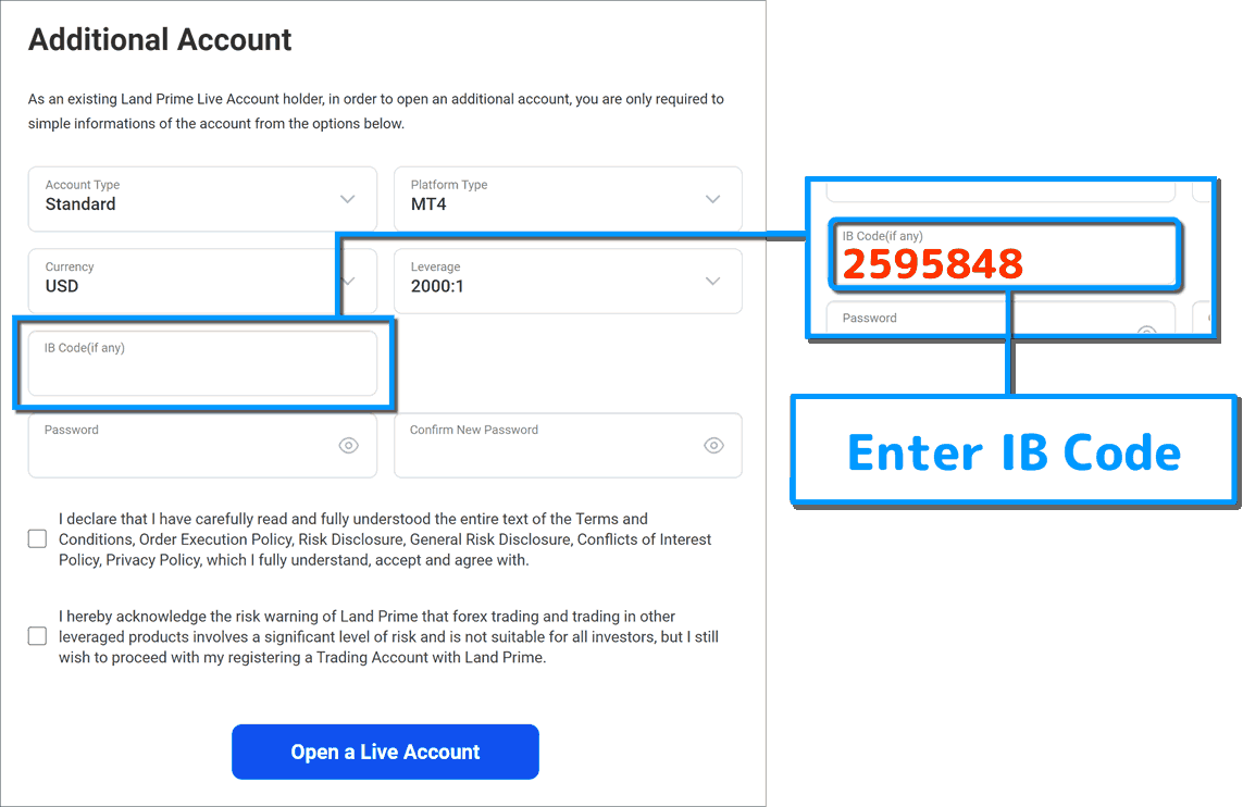 Screenshot of LandPrime Additional Account Opening Procedure